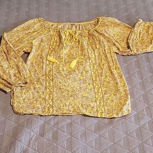 Max Studio Yellow Floral Peasant Top - Boho 3/4 Sleeve Size M